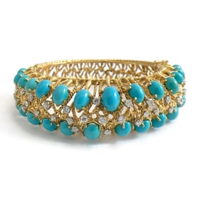Vintage Cabochon Turquoise Diamond Bangle Bracelet 18K Yellow Gold, 73 Grams