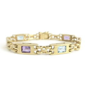 Vintage Multicolored Gemstone Chain Link Bracelet 14K Yellow Gold, 26.23 Grams
