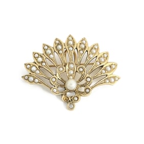 Vintage 1930's Seed Pearl Fan Brooch Pin Pendant 14K Yellow Gold, 7.19 Grams