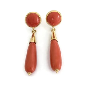 Vintage 1960's Coral Teardrop Dangle Drop Earrings 18K Yellow Gold, 6.98 Grams