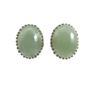 Vintage Oval Green Jade Stud Earrings 14K Yellow Gold Non-Pierced Clip On, 13 Gr