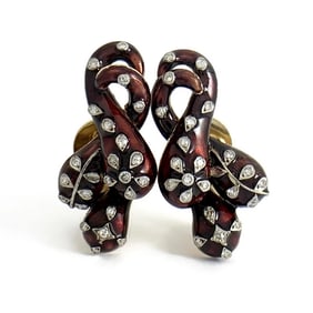 Vintage 1950's Red Enamel Diamond Drop Earrings 18K Yellow Gold 20.18 Grams