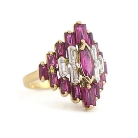 Vintage Tourmaline Diamond Pyramid Cocktail Ring 14K Yellow Gold, 4.21 Grams
