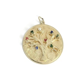 Vintage 1960's Multicolored Gemstone Tree Charm Pendant 14K Yellow Gold, 8.09 Gr