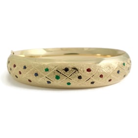 Vintage 1960's Red Blue Green Enameled Bangle Bracelet 14K Yellow Gold 19.08 Gr