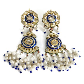 Antique Victorian Diamond Pearl Enamel Dangle Drop Earrings Yellow Gold 40.63 Gr