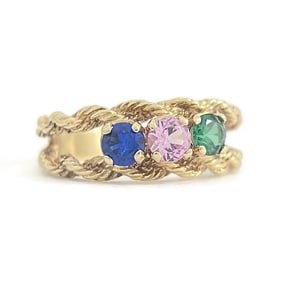 Vintage 3-Stone Multicolor Simulated Sapphire Rope Ring 14K Yellow Gold, 4.42 Gr