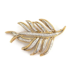 Vintage 1960's Diamond Two-Tone Leaf Branch Brooch Pin 14K Yellow Gold, 14.24 Gr