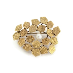 Vintage 1960's Asymmetrical Pearl Brooch Pin 14K Yellow Gold, 7.37 Grams