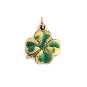 Vintage 1950's Green Enamel Lucky Four-Leaf Charm 14K Yellow Gold, 2.44 Grams