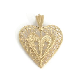 Vintage Filigree Heart Charm Necklace Pendant 12K Yellow Gold, 2.05 Grams