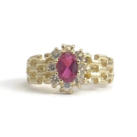 Vintage Simulated Ruby CZ Halo Gemstone Ring 10K Yellow Gold, .76 CTW, 3.41 Gram