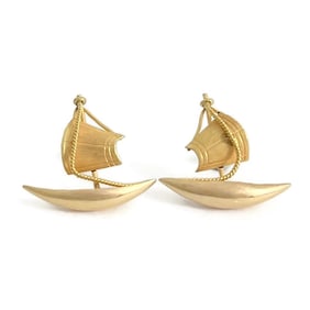 Vintage 1950's Sailboat Drop Stud Earrings 18K Yellow Gold, 1.58 Grams