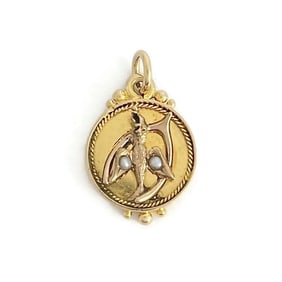 Antique Bird Wishbone Seed Pearl Necklace Pendant Charm 14K Yellow Gold, 1.99 Gr
