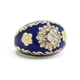 Vintage 1950's Blue Enamel Diamond Flower Cocktail Ring 14K Yellow Gold 11.15 Gr