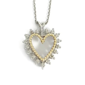 Vintage Two-Tone Diamond Heart Pendant Necklace 14K White Gold, 15.60 Grams