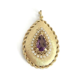 Vintage Purple Amethyst Pearl Teardrop Locket Pendant 14K Yellow Gold, 19.79 Gr