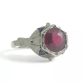Antique Art Deco Lab-Created Ruby Blue Sapphire Ring 18K White Gold, 2.96 Grams