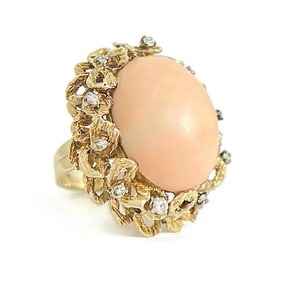 Vintage 1950's 1960's Oval Coral Diamond Cocktail Ring 14K Yellow Gold, 20.86 Gr