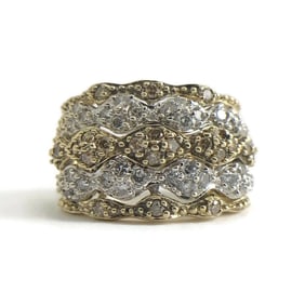 Vintage Brown Cognac White Diamond Wide Band Ring 14K Yellow Gold, 7.19 Grams