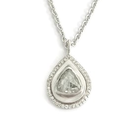 Antique Rose Cut Diamond Teardrop Halo Pendant Necklace 14K White Gold 4.87 Gr