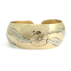 Vintage 1950's Handmade Flower Cuff Bangle Bracelet 10K Yellow Gold, 28.60 Grams