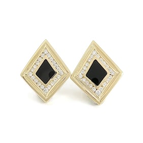 Vintage Geometric Black Onyx Diamond Drop Earrings 14K Yellow Gold, 9.82 Gram
