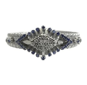 Vintage Blue Sapphire Diamond Geometric Cluster Bracelet 18K White Gold, 32.3 Gr