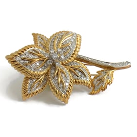 Vintage Diamond Two-Tone Flower Brooch Pin 18K Yellow Gold, 3.50 CTW, 35.2 Grams