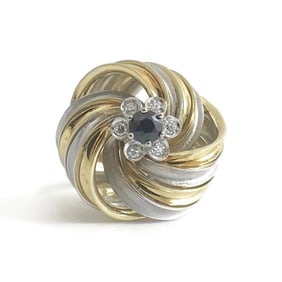 Vintage Sapphire Diamond Swirl Two-Tone Cocktail Ring 18K Yellow Gold, 8.97 Gram