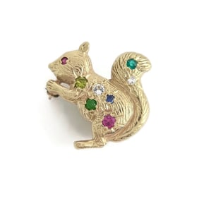 Vintage 1960's Multicolored Gemstone Squirrel Brooch Pin 14K Yellow Gold 8.24 Gr
