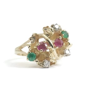 Vintage Red Ruby Green Emerald Diamond Cocktail Ring 14K Yellow Gold, 3.25 Grams