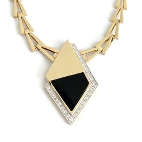 Vintage Black Onyx Diamond Geometric Pendant Necklace 14K Yellow Gold 28.50 Gr
