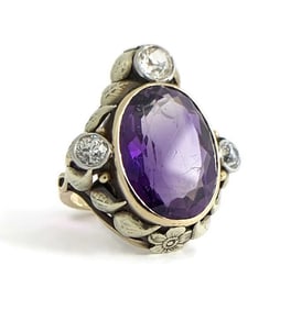 Antique Victorian Oval Amethyst Diamond Cocktail Ring 14K Yellow Gold, 8.73 Gr