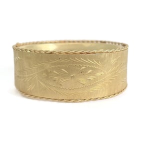 Vintage 1950's Wide Etched Rope Edge Bangle Bracelet 14K Yellow Gold, 34.66 Gram