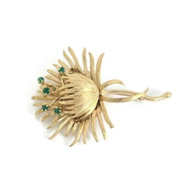 Vintage 1960's Emerald Flower Brooch Pin 12K Yellow Gold, 12.92 Gr