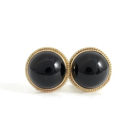 Vintage 1950's Round Black Onyx Drop Stud Earrings 14K Yellow Gold, 5.38 Grams