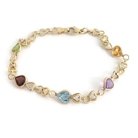 Vintage Multicolored Gemstone Heart Bracelet 14K Yellow Gold, 4.69 Grams