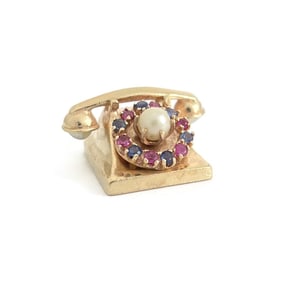 Vintage 1950's Pearl Ruby Sapphire Telephone Charm 14K Yellow Gold, 10.64 Grams