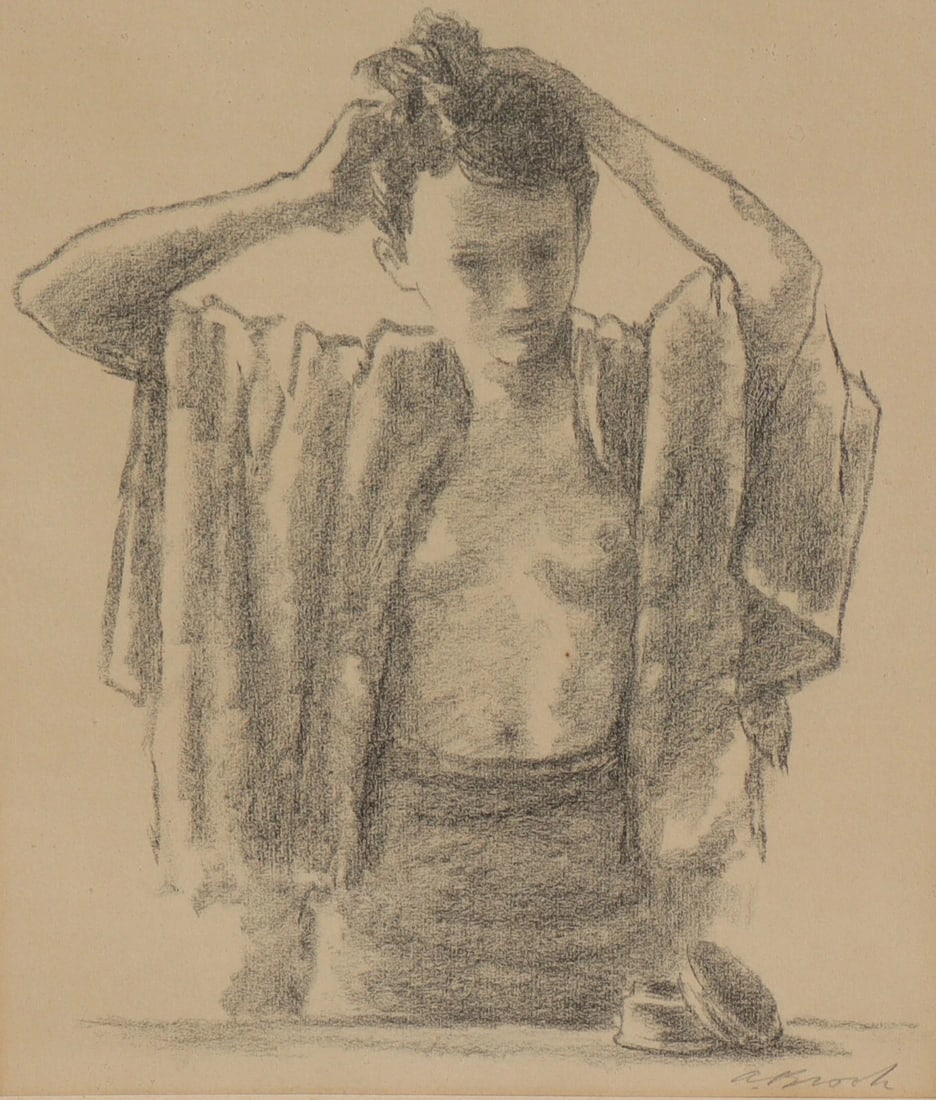 ALEXANDER BROOK Woman Fixing Hair "Morning" Signed AAA Lithograph Framed: Alexander Brook (1898-1980). Framed Associated American Artist's Lithograph. "Morning" Woman in an Open Robe Fixing her Hair, 9" x 7" image sight size (framed size: 15-1/2" x 12-1/2") signed lower rig