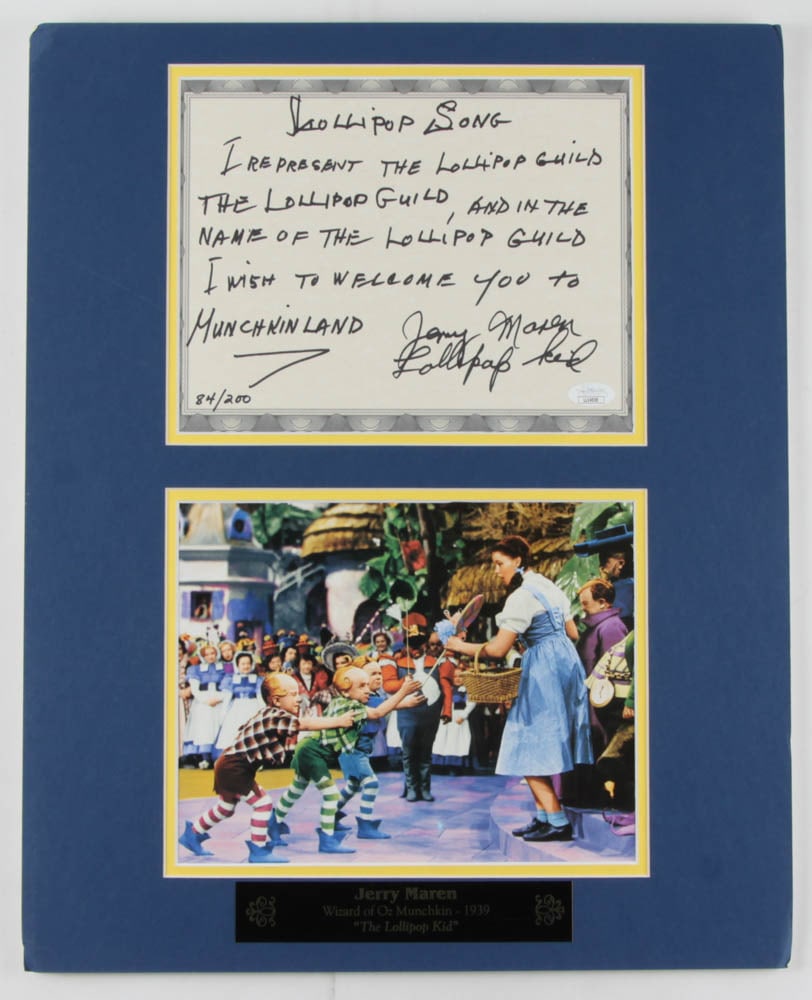Calling All Wizard of Oz Collectors! Jerry Maren Signed LE "Wizard of Oz" 16x20 Custom Matted "The: Title: Calling All Wizard of Oz Collectors! Jerry Maren Signed LE "Wizard of Oz" 16x20 Custom Matted "The Lollipop Guild Song" Lyric Sheet Display with Photo Inscribed "The Lollipop Kid" (JSA COA) Des