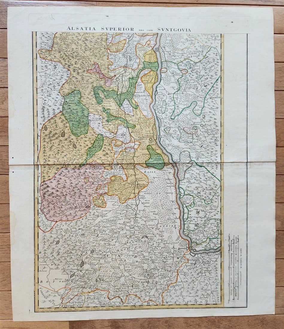 1720s ALSACE FRANCE antique MAP Alsatia Superior una cum Suntgovia: ALSACE "Alsatia Superior una cum Suntgovia" Nuremberg: Johann Homann; c. 1720s Hand-colored copper engraving on paper Size 21 by 24.5 inches Very good condition, fold in the middle Reserve: $201.00 Sh