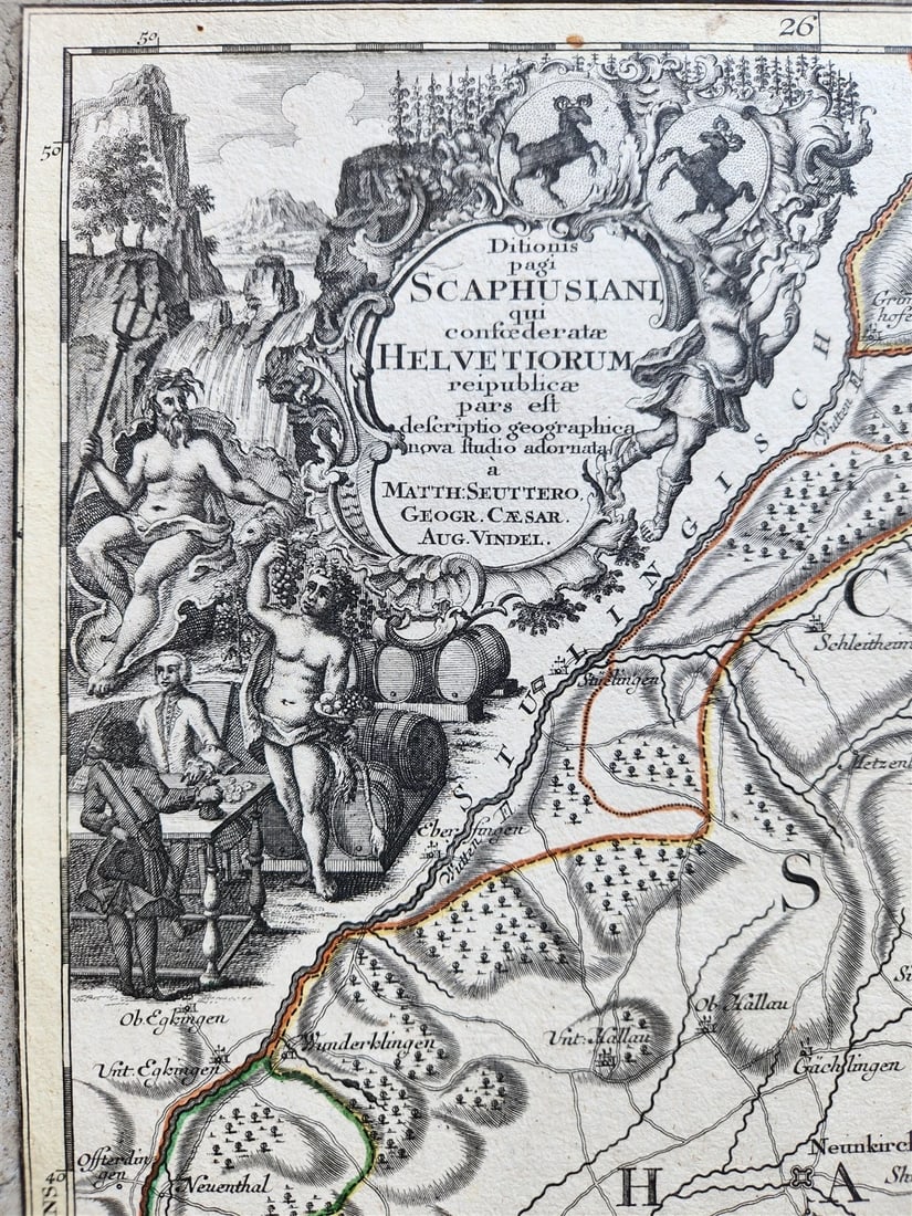 1740s SWITZERLAND antique MAP HELVETIORUM Reipublicae Cantones Tredicum SEUTTER: Ditionis Pagi Scaphusiani qui confederate HELVETIORUM Reipublicae Cantones Tredicum cum Foederatis et Subjectis Provinciis exhibiti Matthaus Seutter, Augsburg; c. 1740s Hand-colored copper engraving o