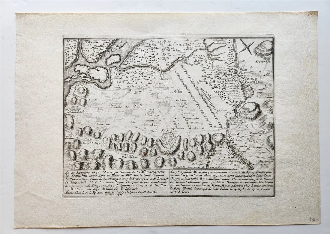 1705 FRANCE antique MAP Battle plan of Louis Le Grand Dauphin's campain: Le 4me. Septemre 1690. L'Armee que Commandoit Monseigneur le DAuphin arriva la Plaine de Weill, sur le Cote Oriental du Rhein a Ouze Lieues de Strasboug, a ccinqe de Fribour, et 4m. de Brisach Paris;