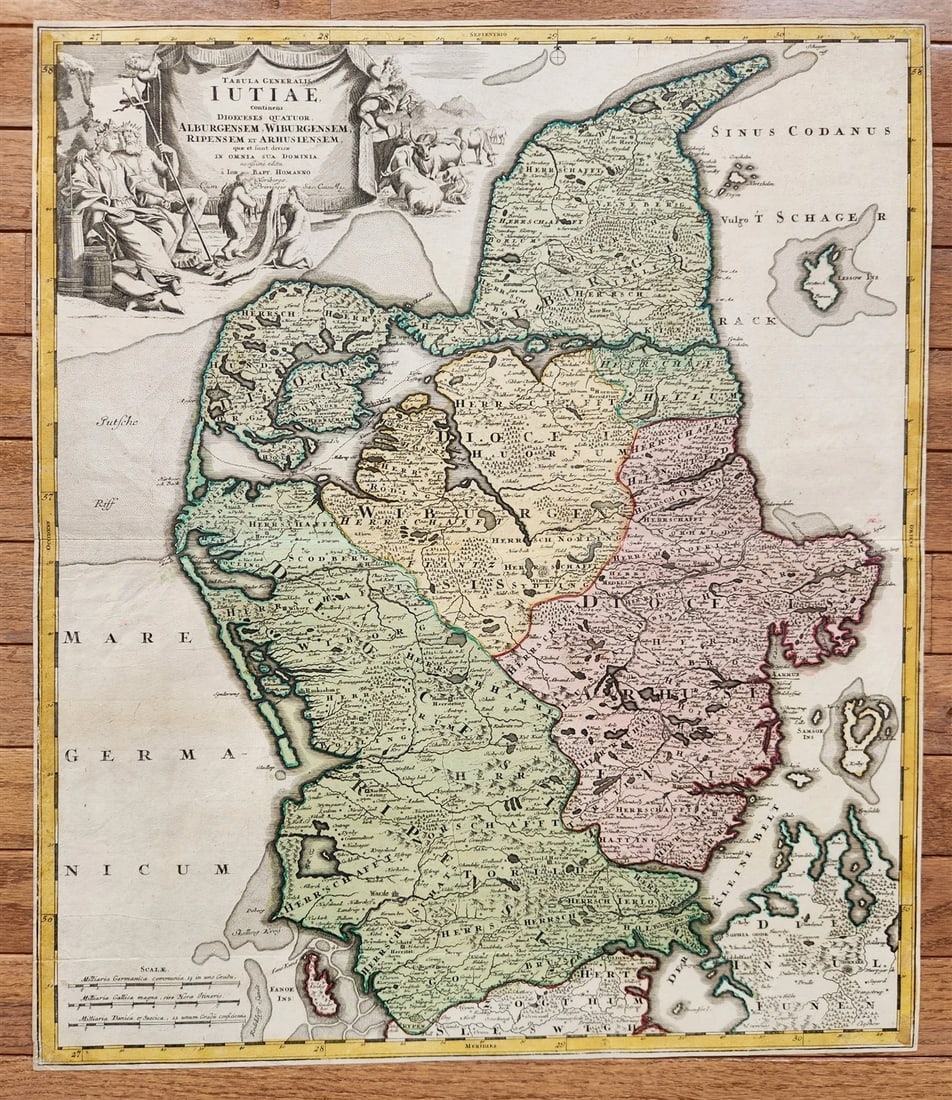 1710 DENMARK antique MAP IUTIAE Tabula Generalis by JOHANN HOMANN: Johann Baptista Homann Germany, ca. 1664–1724 A Map of Denmark Tabula Generalis IUTIAE Hand-colored etching on paper, undated (c. 1710) Size 19 1/2 by 22 3/4 inches With black-and-white cartouch