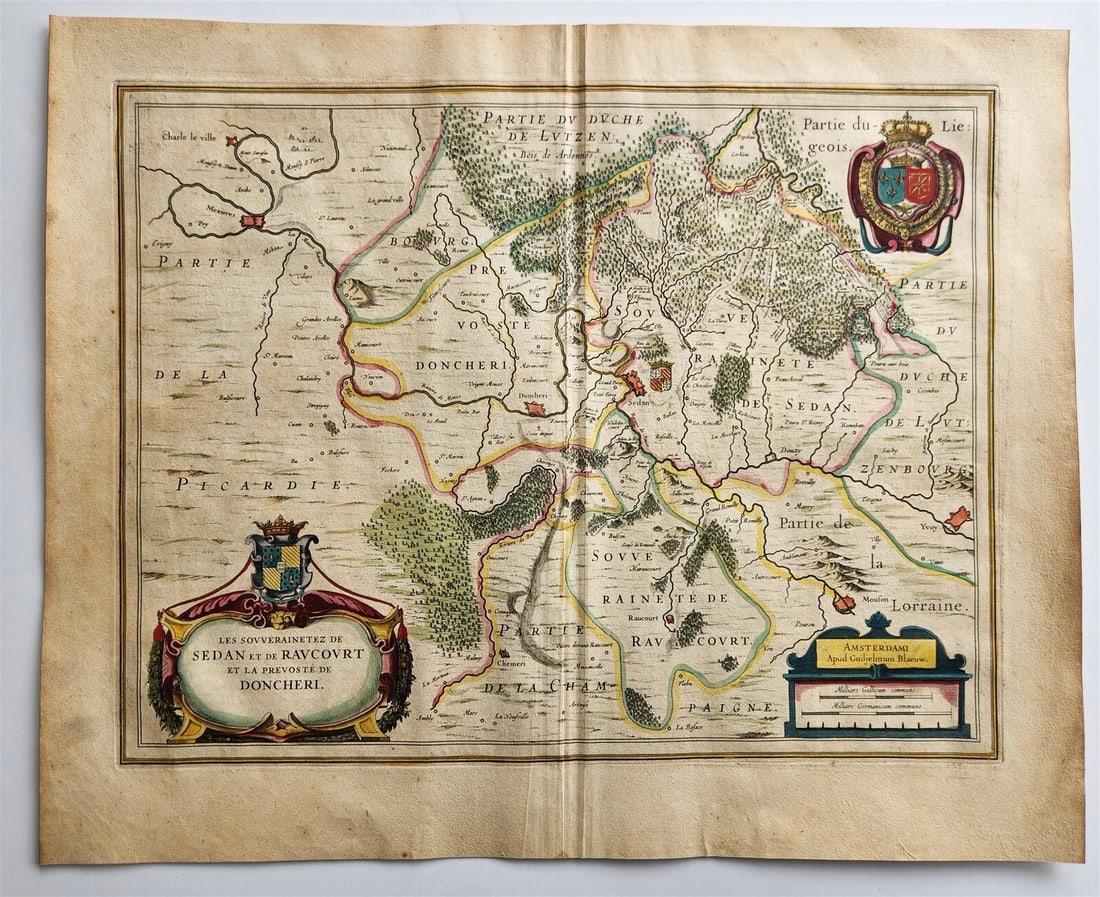 1640 MAP SEDAN et de RAUCOURT FRANCE WILLEM BLAEU antique AUTHENTIC hand colored (1 of 5)