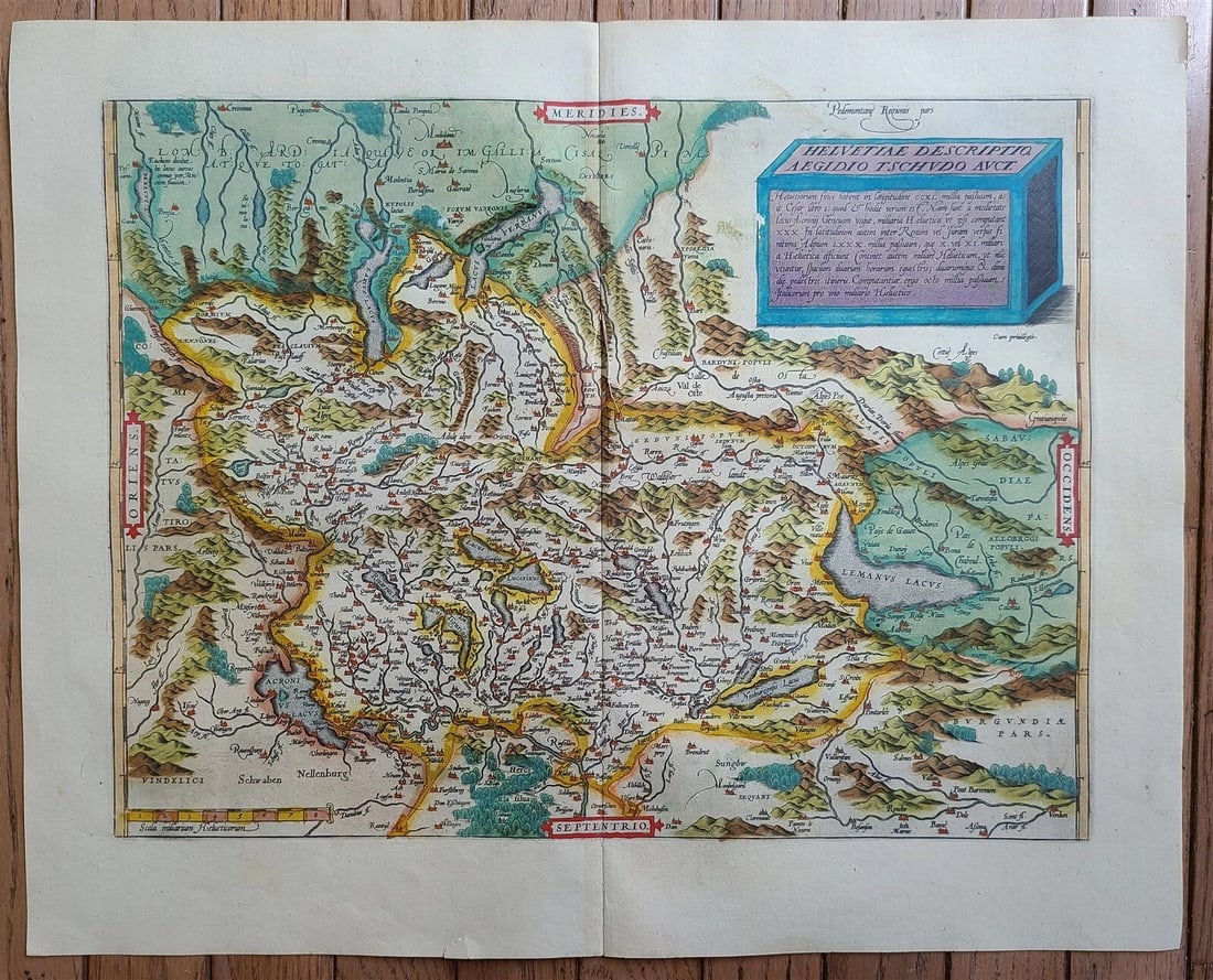 1595 MAP OF SWITZERLAND by Abraham Ortelius antique AUTHENTIC 16th CENTURY: HELVETIAE DESCRIPTIO AEGIDIO TSCHUDO AUCT. Hand colored map of Switzerland by Abraham Ortelius that was first published in 1570 in Antwerp, Belgium as part of his Theatrum Orbis Terrarum, the first mo