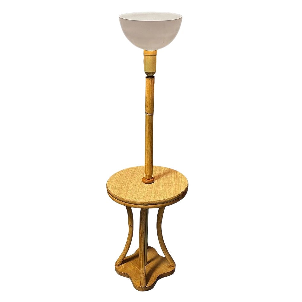 Restored Rattan & Mahogany Hourglass Side Table Torchiere Floor Lamp: This beautifully restored Paul Frankl-inspired Mid-century rattan & mahogany hourglass-shaped side table floor lamp, is perfect for holding your old fashion nightcap. The table features 4 rattan poles