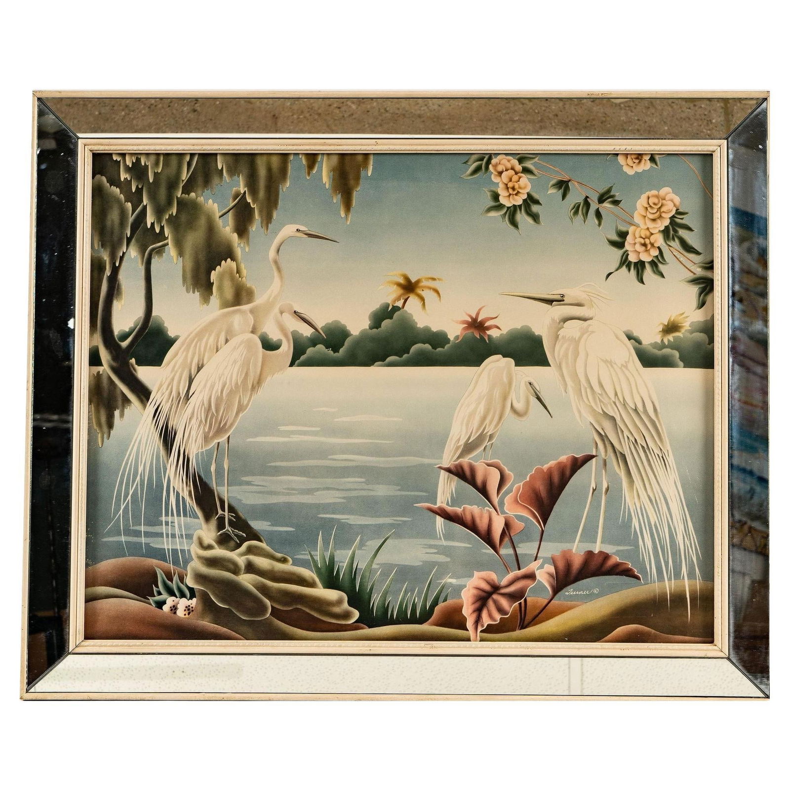 1940 Tropical Crane /Egret Scenic Print, Mirror Framed by Billy Seay for Turner: Post-war Turner mirror framed print featuring 4 cranes/egrets in a tropical Hawaiian scenic landscape originally done in airbrushed watercolors by Billy Seay. The artwork captures the grace and poise