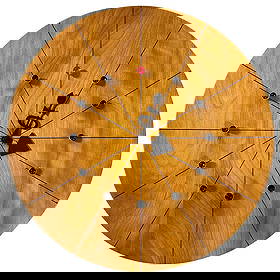 Rare 1949 "Spike" model 4757C Wall Clock by George Nelson for Howard Miller Co: Rare 1949 George Nelson designed "Spike" Wall Clock (Model 4757C) by Howard Miller Clock Company. Crafted from walnut, enameled aluminum, and lacquered wood, this iconic piece embodies mid-century inn